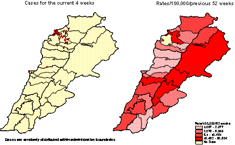 Distribution of viral hepatitis in Lebanon, by district, as of week 2003-15.
